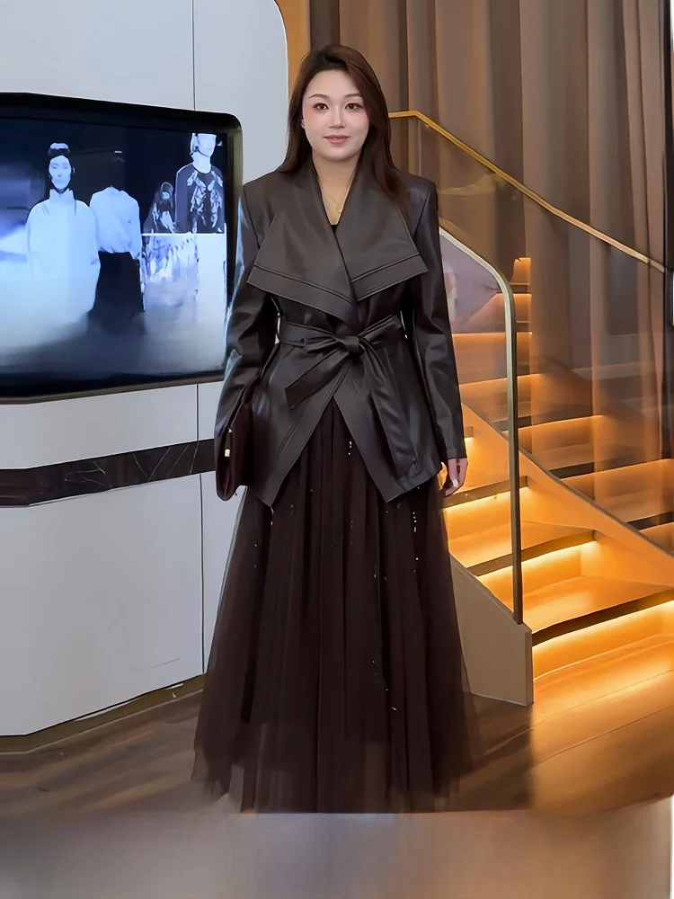 

plus Size PU Leather Jaet And Skirt Two Piece Set for Women Ele Flip Collar Winter Faion Outerwear Full Body Coverage