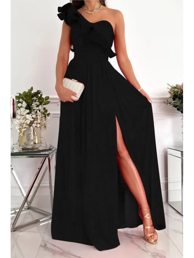 

New Summer Sleeveless Road Shoulder Ruffle Hem Slit Dress For Women Fashion Elegant Strapless Solid Color Dress Females