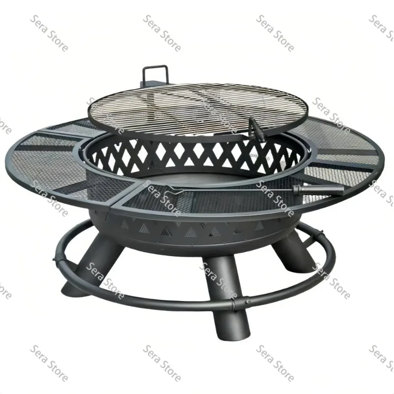 Outdoor BBQ Grill Firewood Heating Stove Patio Fire Pit Table Integrated Charcoal Braai Rack Backyard Campfire Tea Brewing Set