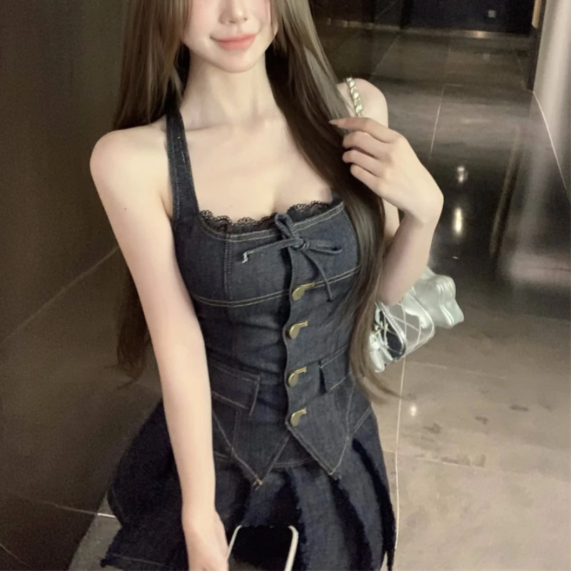 2024 Summer New High Street Casual Pleated Denim A-line Skirt Women + Lace Splicing Backless Sexy Camisole Two-piece Suit