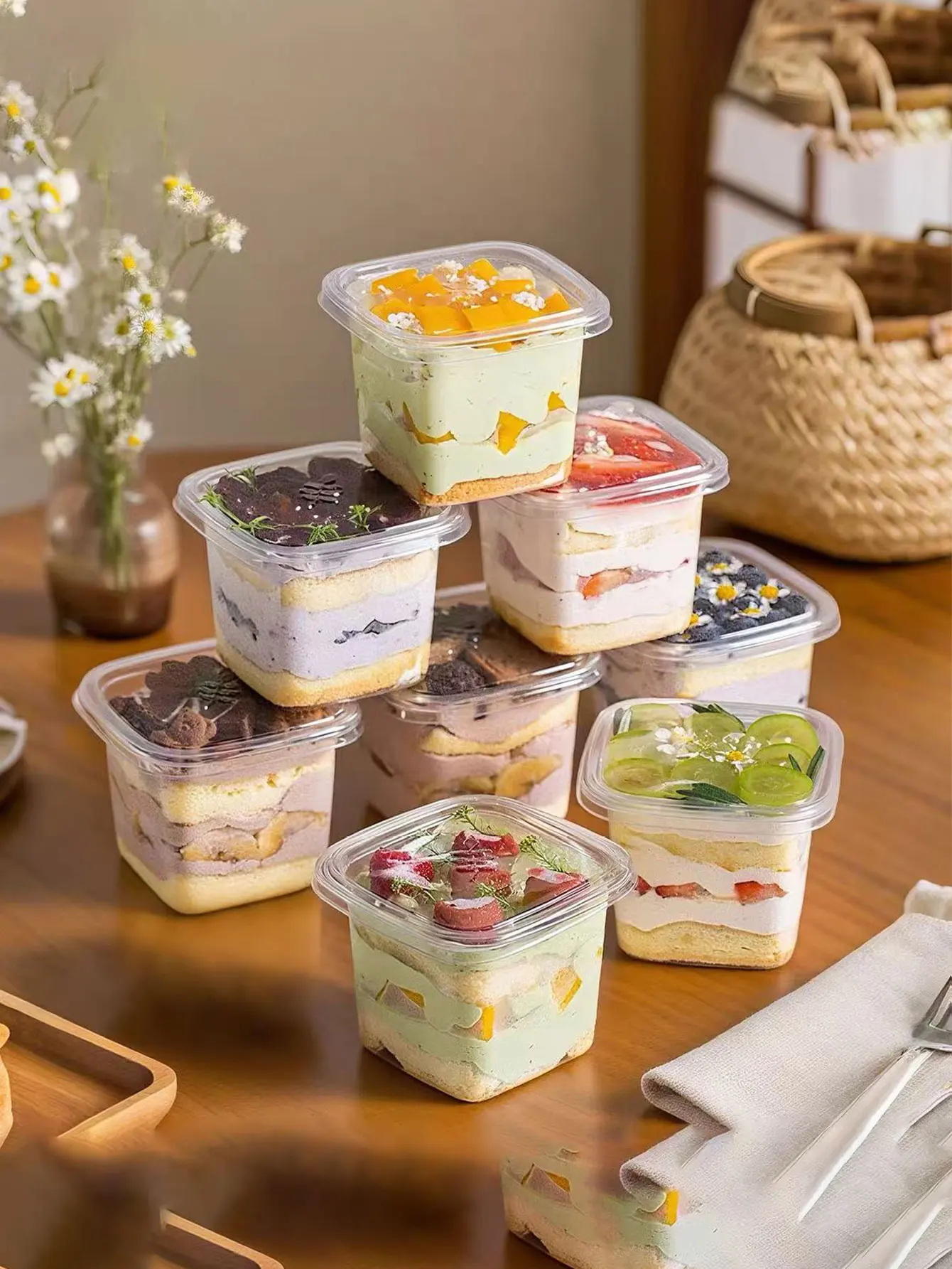 Caja de embalaje cuadrada de 400ml para pasteles, postres Tiramisu, pasta de taro, mochi, tarro de carne desmenuzada, vaso de mousse, caja de pulpa de madera