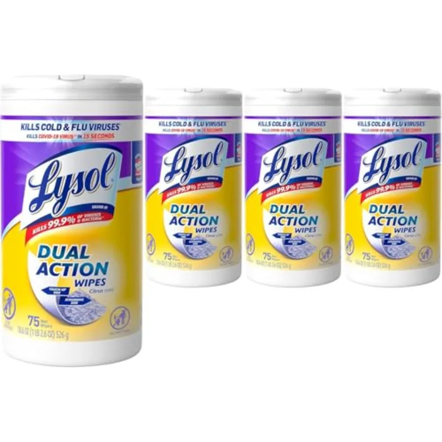 

Салфетки дезинфицирующие Lysol Dual Action, антибактериальные, для различных поверхностей, с ароматом цитруса, 75 шт. (незаменимые для общежитий)