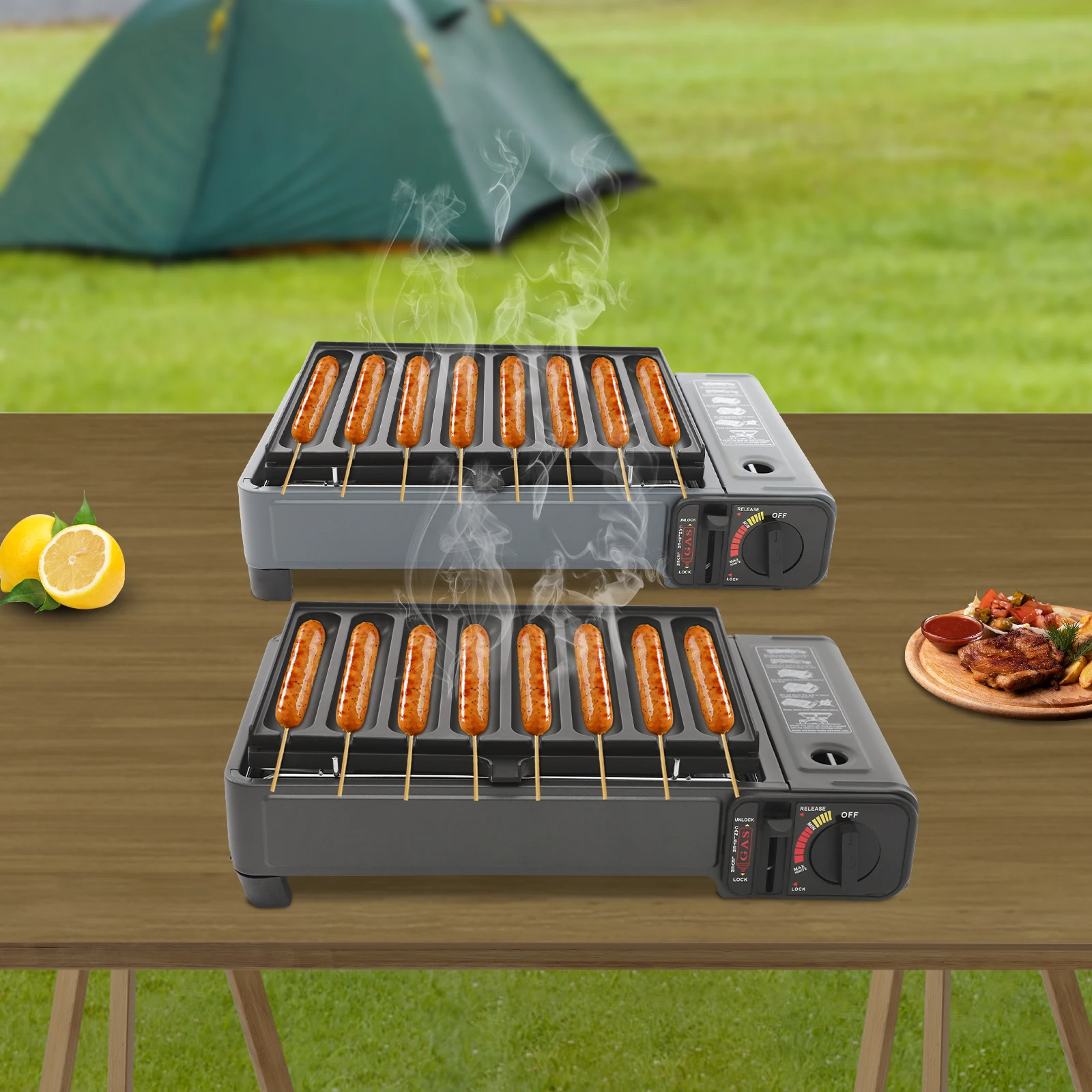 

42x26x11CM Portable Camping Gas Barbecue Grill with Sausage Baking Tray Outdoor Windproof Card for Grilling Black or Blue