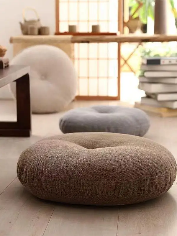 Cojín de lino grueso para el hogar, tapete japonés redondo de tela extraíble y lavable, nuevo estilo japonés.