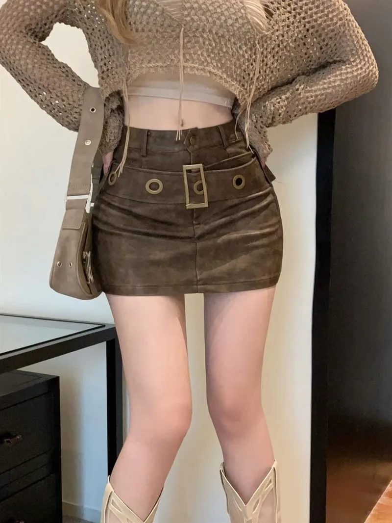 

2023 Retro Brown PU Leather Skirt Half Skirt for Women Wearing Sexy Tight Wrapped Hip Short Skirt DK1441