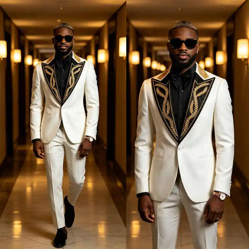 

Fashionable Men's 2 - Piece Blazer Set Gold Laurel Embroidery Lapel Formal Suit for Gala Wedding Event Garment Customized
