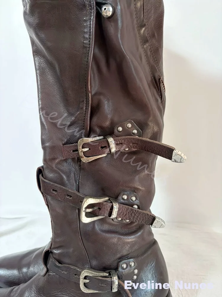 Distressed Brown Soft Leather Knee High Boots 3 Adjustable Metal Buckle Straps Chunky Knight Boots Vintage Motorcycle Tall Boots