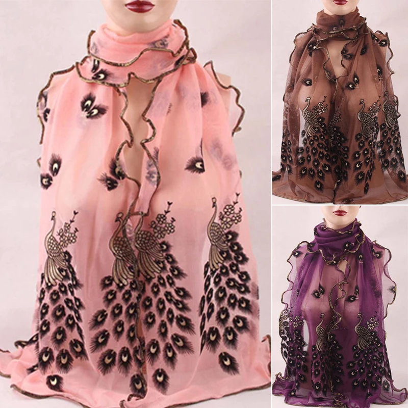 1PCS 190*40CM Women Lady\'s Silk Scarves Shawl Stole Peacock Scarf Transparent Long Fashion Chiffon Soft Wrap