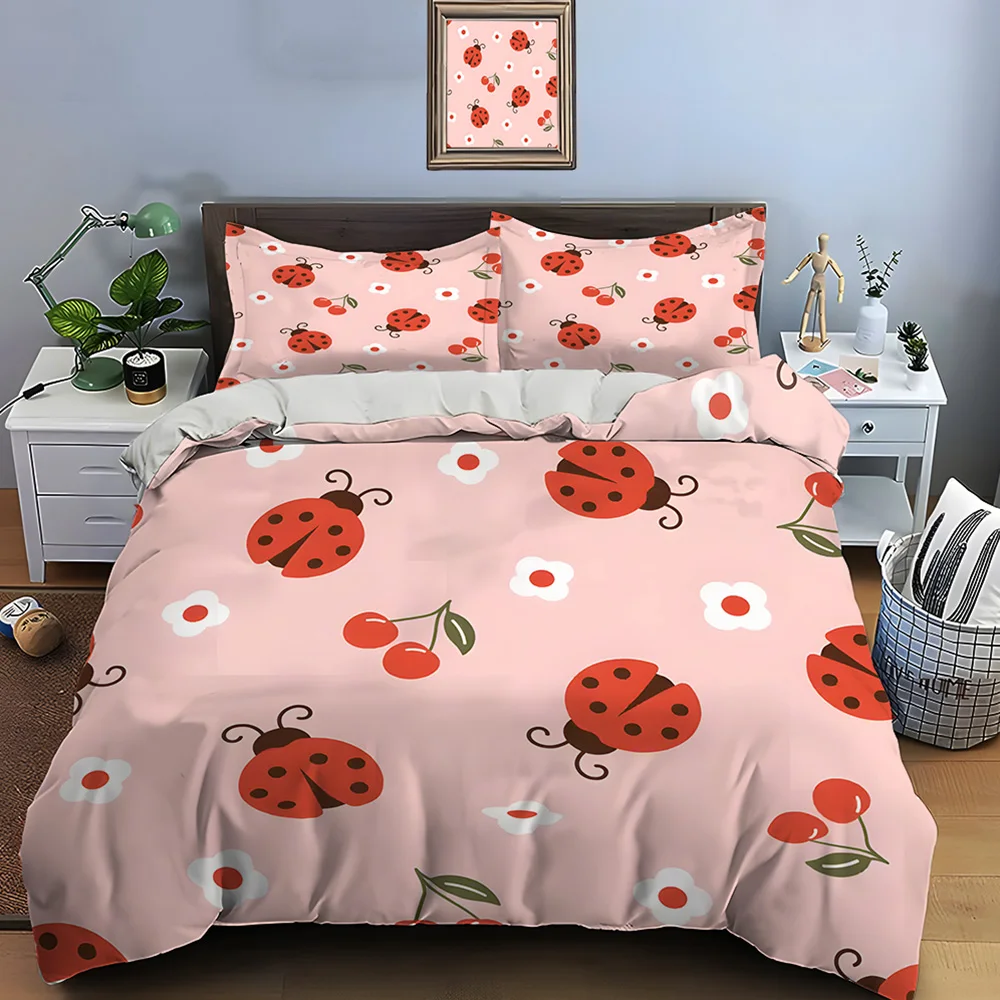 

Ladybugs Cherries Flowers Pink Background Print Soft Comfortable Duvet Cover Bedding Set Included 1*Duvet Cover 2*Pillowcases