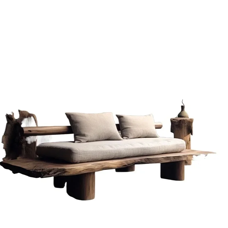 Medium Ancient Style All Solid Wood Three-Person Sofa for Hotel and Villa Use