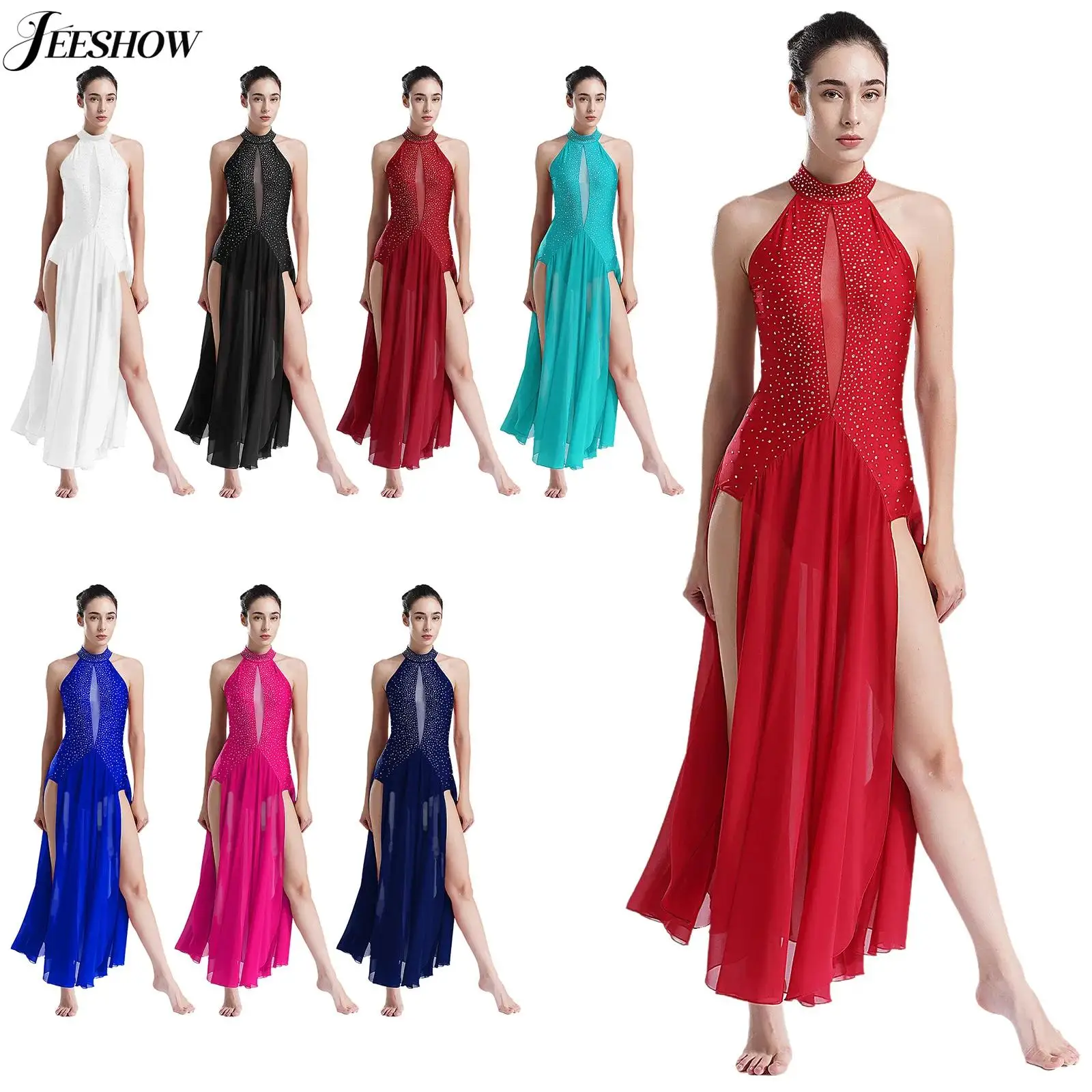 

Женский лирический танцевальный костюм на бретельках сзади без рукавов с разрезом струящееся тюлевое платье со стразами современное танцевальное трико платье