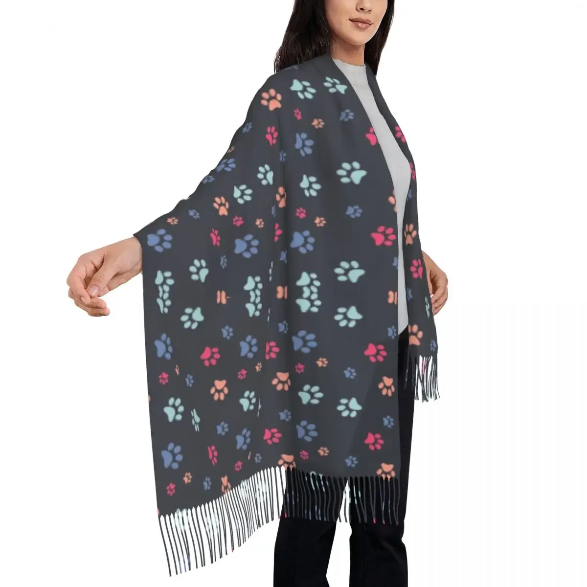 Modderige Poten Geel Blauw Patroon Sjaal Wrap Voor Vrouwen Lange Winter Herfst Warm Kwast Sjaal Unisex Hondenliefhebber Puppy Dier Sjaals