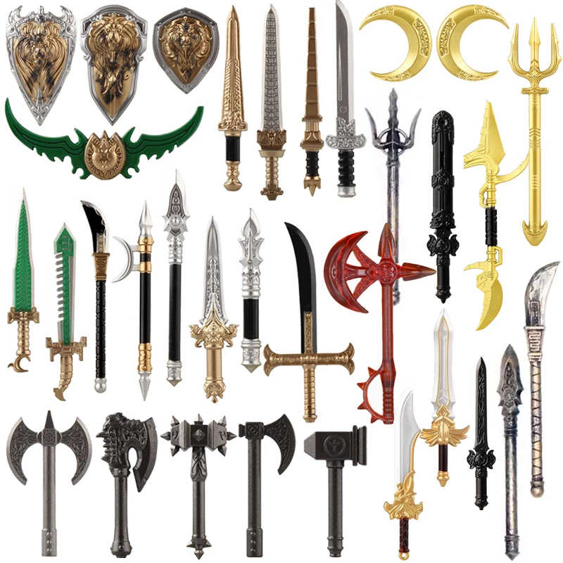 Kit d'accessoires pour armes de figurine médiévale, blocs de construction, roi épée, bouclier du roi Lion, hache de combat Trident, hache à Double tranchant, jouet en brique