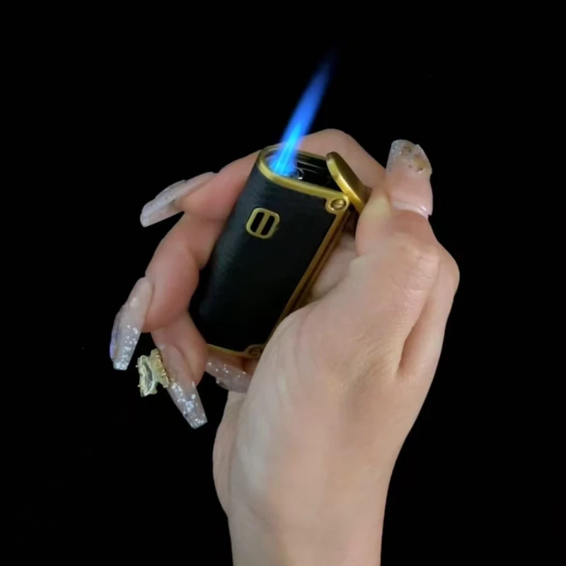 

New Men's Genuine Leather Windproof Cigar Lighter Refillable Jet Flame Cigarette Torch Embossed Dancer for Outdoor Use Tool