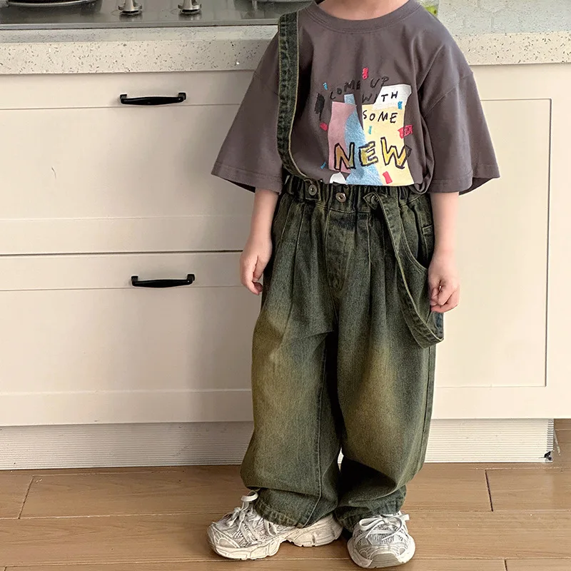 

Children Clothing Spring 2024 New Fashionable Pants Handsome Gradual Casual Loose Kids Full Length Boys Denim Overalls