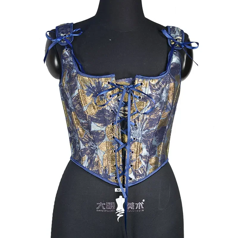 Women Blue Gold Corset Overbust Black Gold Print Vintage Bodices Slimm Waist Lace Up Bustiers Lolita Elegant Top