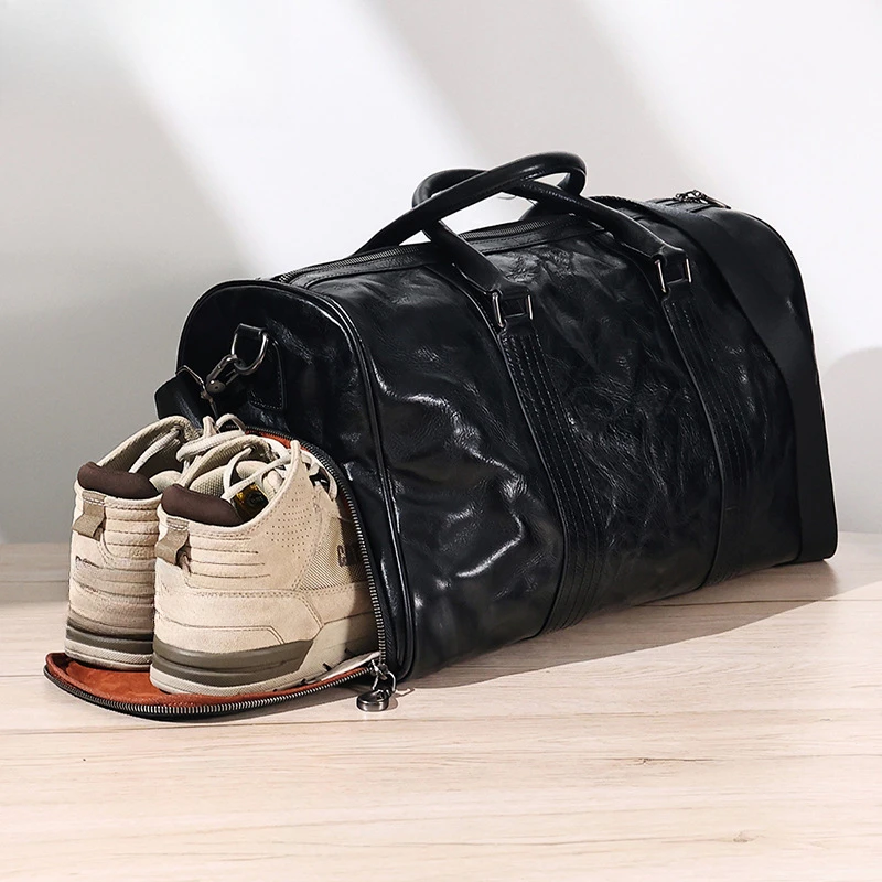 

Leather Travel Bag Large Duffle Independent Fitness Handbag Luggage Shoulder Bag Black Men Fashion Zipper with Shoe Compartment