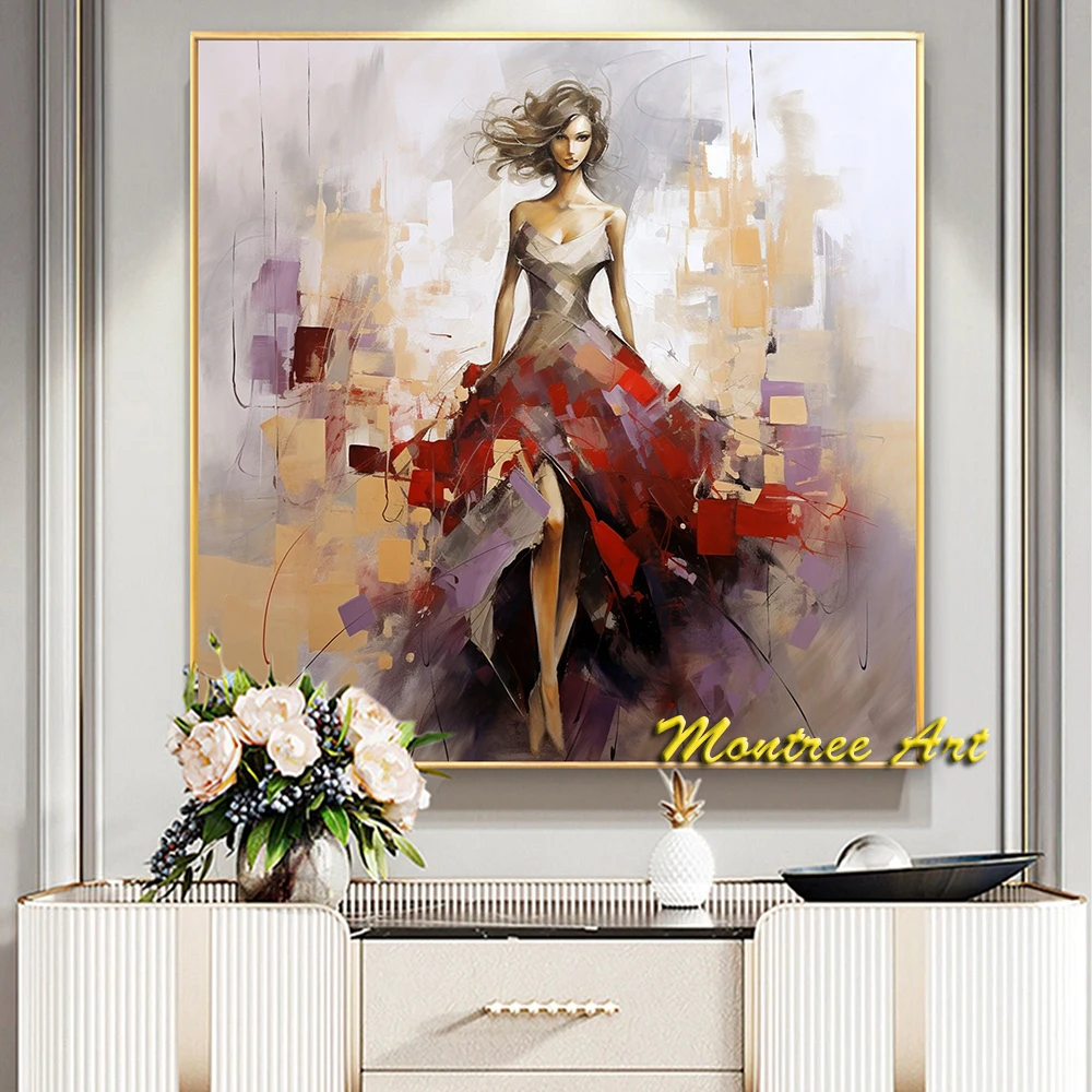 Hand Painted Oil Painting Abstract Beautiful Girl Oil Painting Original Portrait Art Red Wall Art Living Room Home Decor