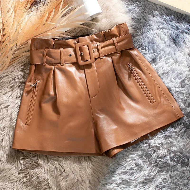 Female High Waist Shorts Summer 2024 Real Sheepskin Leather Shorts for Women Slim Women\'s Short Ropa Para Mujer Zjt2444