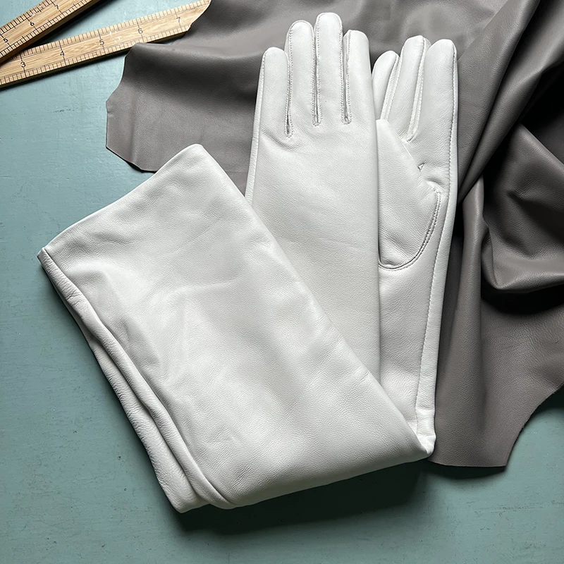 50cm New Genuine Leather White Women's High Grade Party Mittens Sheepskin Lady Winter Velvet long Gloves Creamy Ivory Snow White