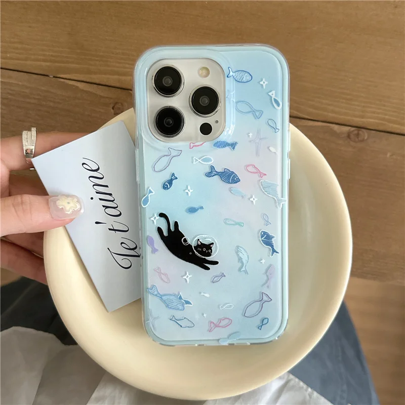 Cute Blue Small Fish Cat Phone Case For iPhone 16 Pro 15 14 Pro