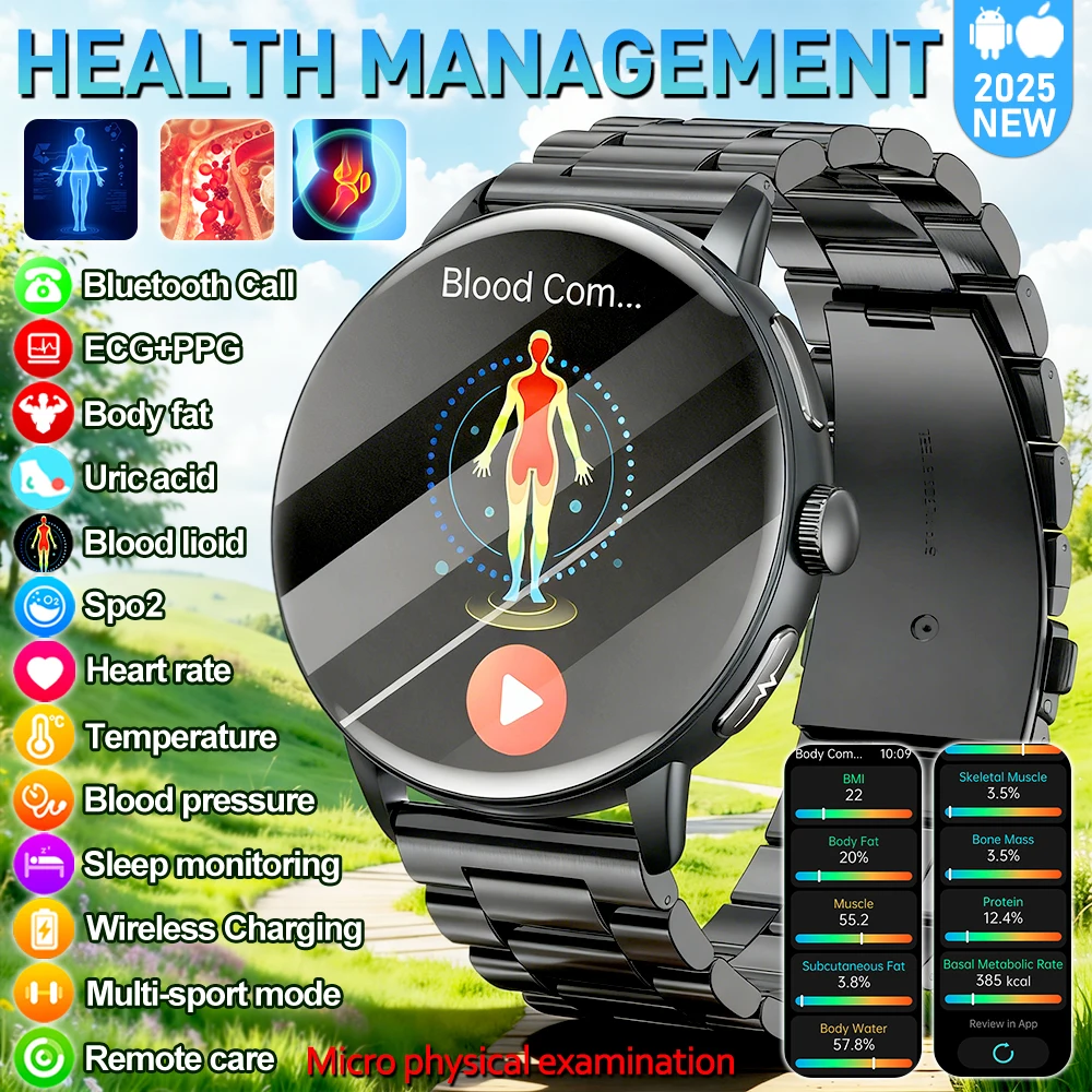 

2026 New Heart Health Analysis Uric Acid Smart Watch Body Fat ECG+PPG BP Blood Oxygen HD Clock BT Call Smart Watch For Men Women