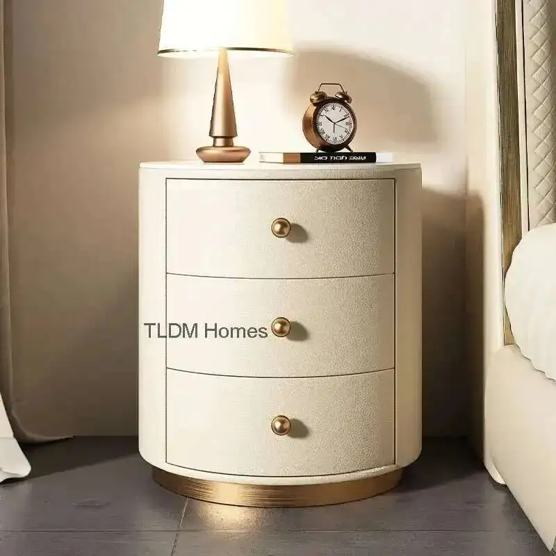 Mesa de cabeceira de madeira de couro sólido de luxo de alta qualidade mesa de cabeceira redonda design quarto mesa de cabeceira móveis de quarto