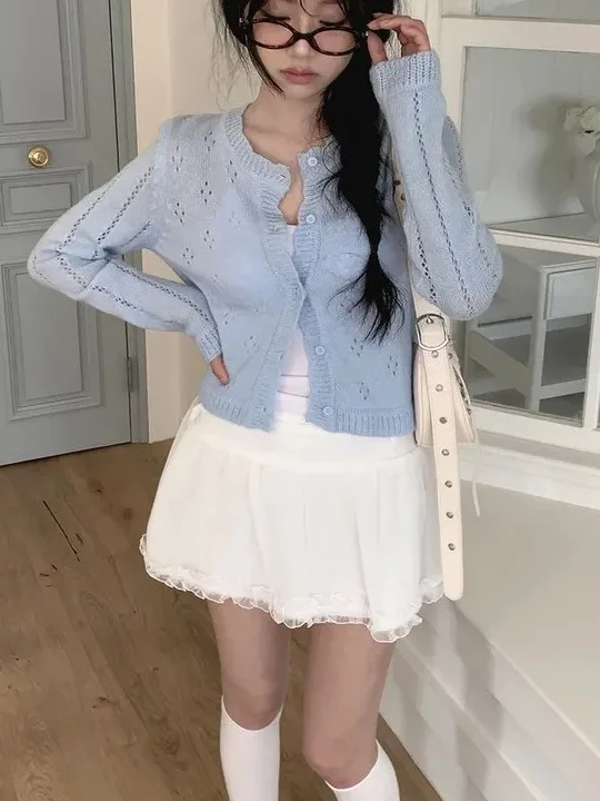 

Korean Sle Knitted ort Open Cardigan Women's Chic Ele Versatile Anti-Aging Button up Hollow Design Sweater