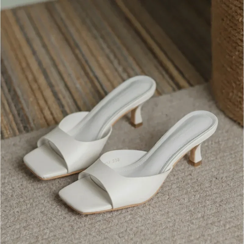 Genuine Leather French Slim Heel Slippers for Women's Summer New Fashionable Sandals Women Sweet Round Toe Slipper Ladies Shoes - view 3