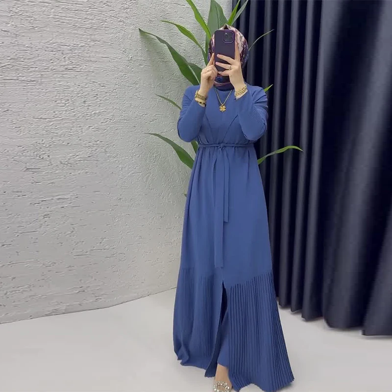 Modisches, lässiges Bankettkleid mit großem Saum, hohe Taille, plissiert, neues einfarbiges Kleid, Rundhalsausschnitt, langärmeliges Kleid