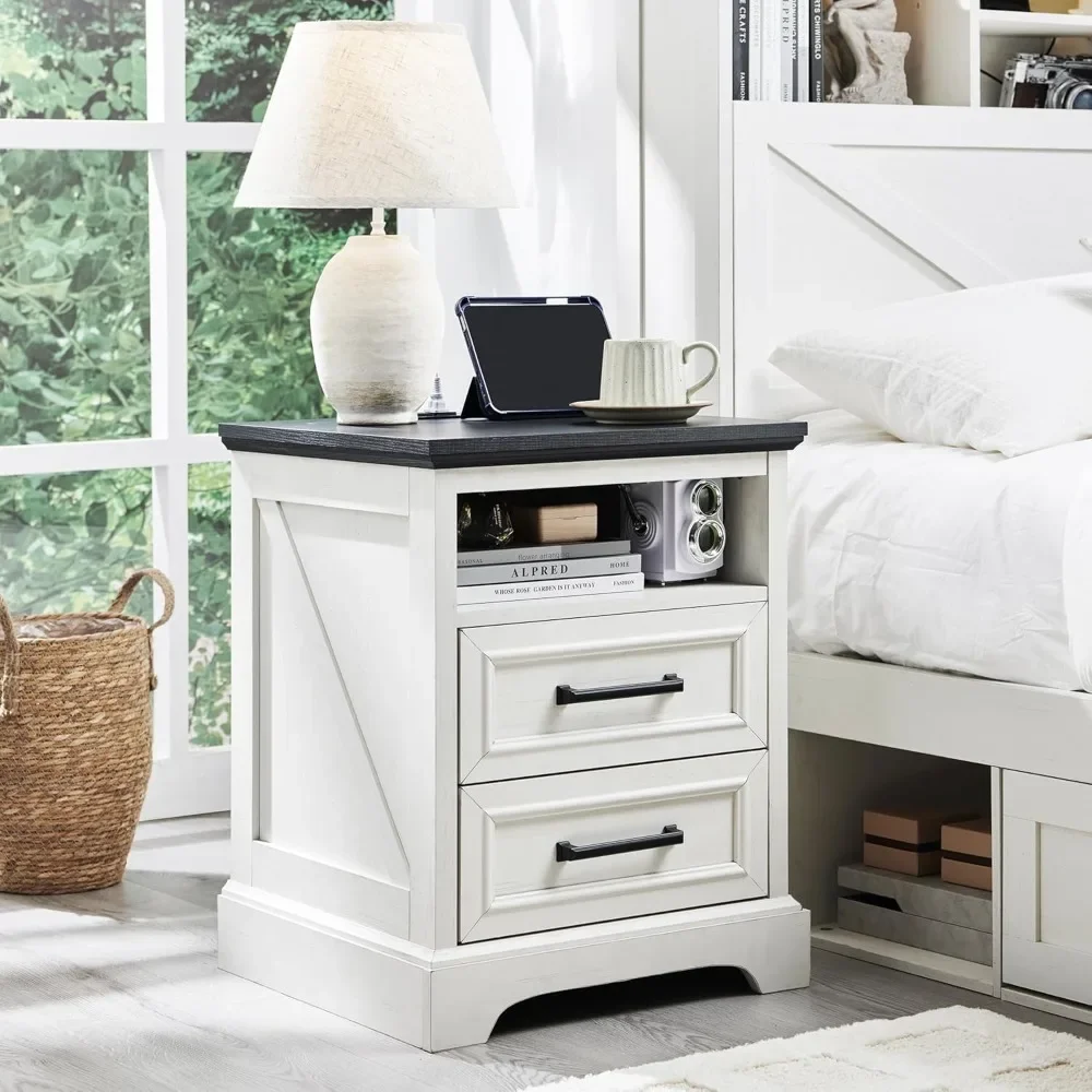 Nightstand with Charging Station End Table with  Drawers Storage Side Table Bedside Cabinet for Bed Living Room