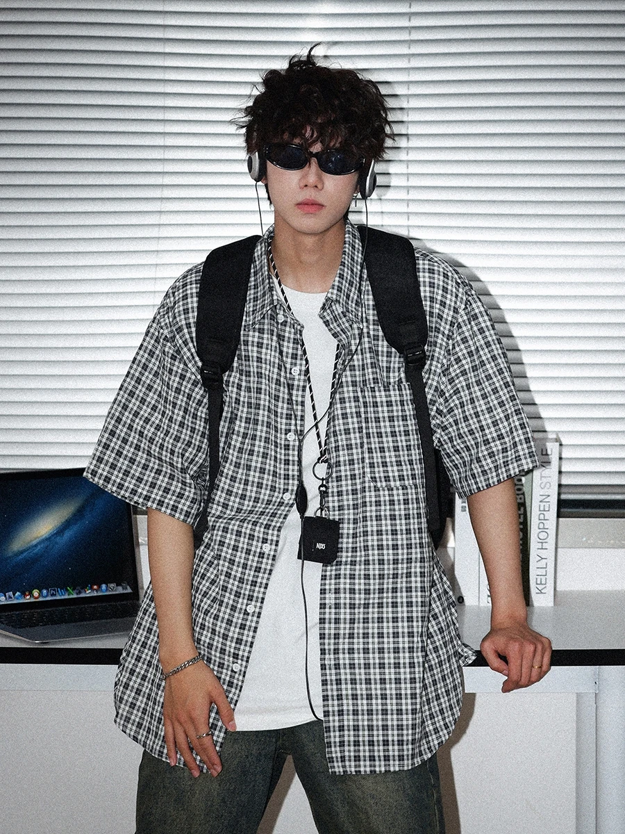 

Retro Japanese Sle Plaid ort Sve Loose Casual irt ex Summer Lazy Sle Versatile f Sve irt for Youth