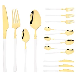 16Pcs White Gold Dinnerware Set Knife Fork Coffee Spoon Cutlery Set Stainless Steel Flatware Kitchen Silverware Tableware