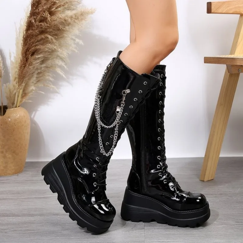 Woman Boots 2024 Knee High Platfrom Studded Knight Combat Gothic Elegant Medium Heel Women\'s Shoes Motorcycle Footwear Shoes