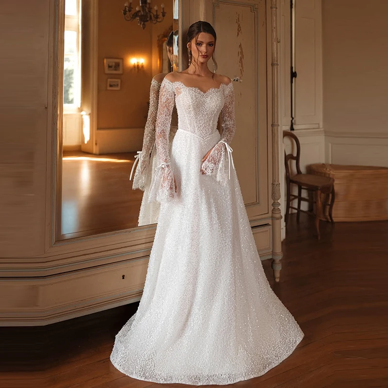 

Luxurious Wedding Dress Fully Beaded A-Line Floor Length Ball Gown Full Sleeve O-Neck Customized Bride Button Vestido De Novia