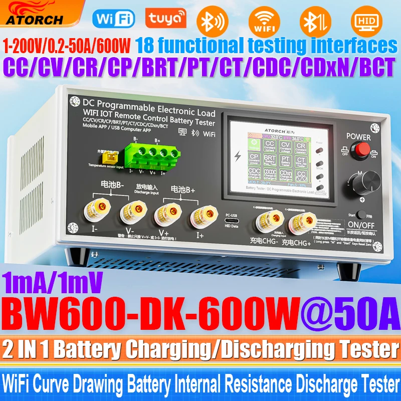 BW600-DK 200V 50A 18650 Lithium Lead-acid Battery Capacity Monitor Electronic Load Power Tester Discharge Meter Car Check Tools
