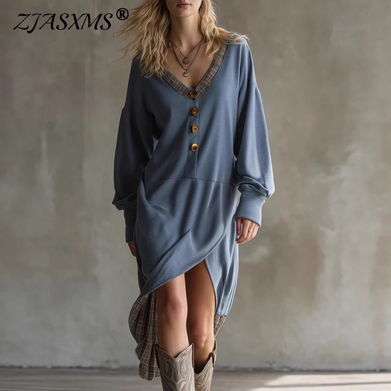 Robe longue Sexy pour femme, col en V profond, fente creuse, rétro, Patchwork, boutons à carreaux, Maxi, manches longues, ample, style Boho, automne
