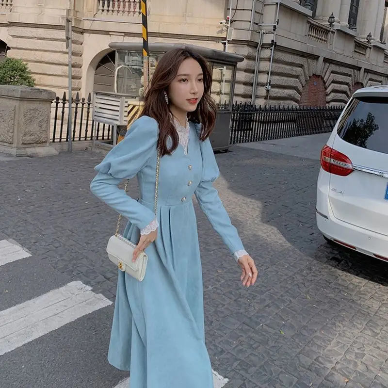 Spring French Patchwork Dress Women Elegant Blue Lace Designer Fairy Dress Female Puff Sleeve Kawaii Korean One-piece Dress 2024