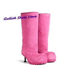 Woman Pink Snow Boots Big Round Toe High Heel All-Match Knee-High Slip On Long Boots Solid Color Warm Shoes 2024 New arrival