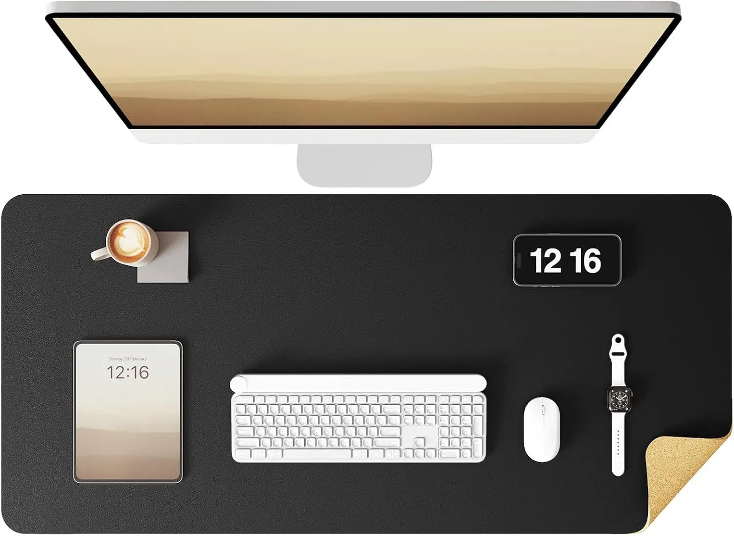 

31.5x15.7 Inch Leather Desk Mat with Eco Cork Backing, Waterproof Large Mouse Pad for Office and Home Use in Black