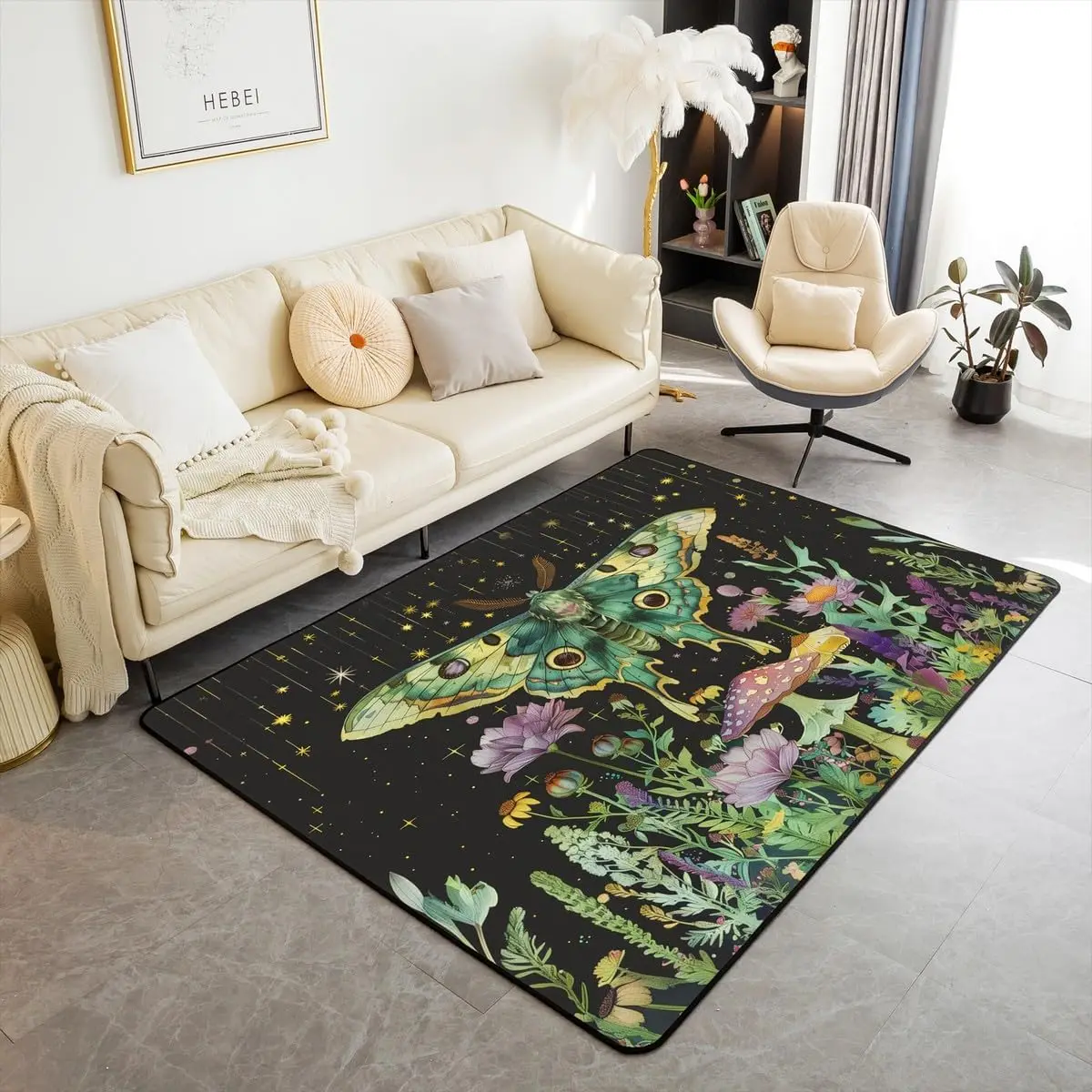 

Luna Moth & Wildflower Print Area Rug, Mystical Botanical Non-Slip Floor Mat for Living Room Bedroom Home Decor Carpet