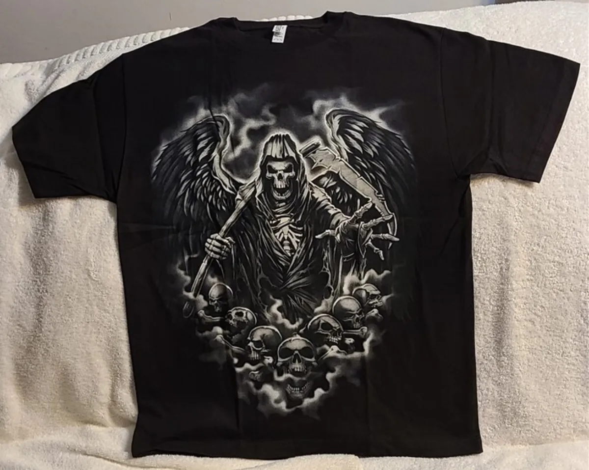 

GRIM REAPER SKULL SKULLS SCYTHE SKELETON ANGEL OF DEATH HORROR T-SHIRT