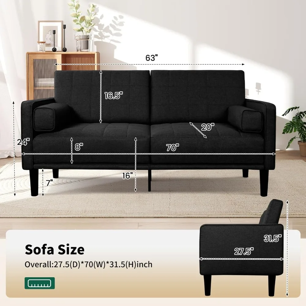 Czarna sofa dwuosobowa 70 cm z funkcją rozkładania, zmywalnym pokrowcem, pianką o wysokiej gęstości i ramą z litego drewna.