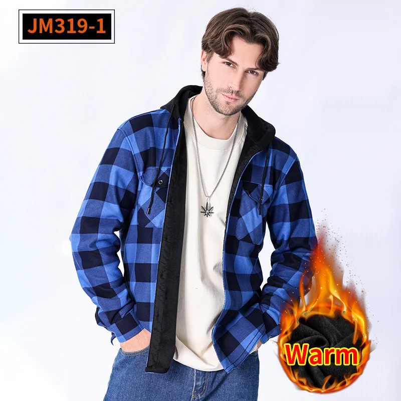 American new men's casual large size plaid shirt autumn and winter hooded and fleece thick shirt long sleeve warm shir