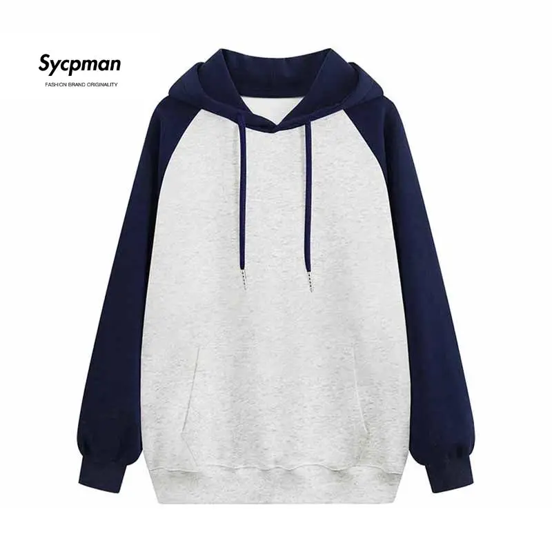 Sycpman 330 Grams Raglan Color Block Hoodie for Men Autumn Couple Loose Pullover Casual Hoodies