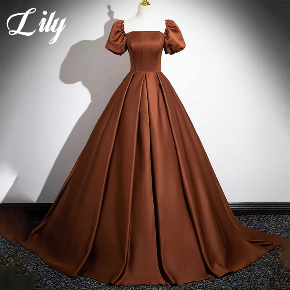 Lily Chocolate Wedding Party Dress Regular Sleeve Stain Strapless Celebrity Dress Pleats Occasion Prom Dress with Pleats 프롬드레스