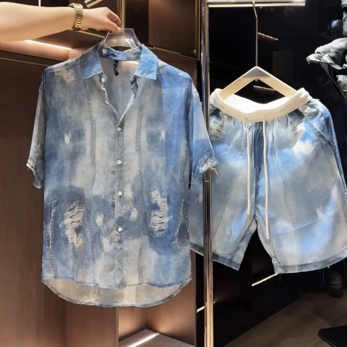 

Summer Loose Denim Print irt Set Men's Lightweight Vintage Lazy Sle Thin ort Pants Two-Piece Set Faionable Youthwear