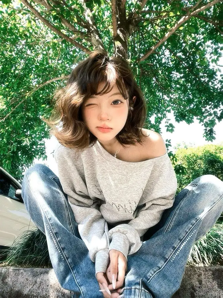 Tawaaiw grijze truien damessweatshirts off-shoulder lange mouw Koreaanse mode jaren 2000 kleding Y2k casual hoodie herfst tops