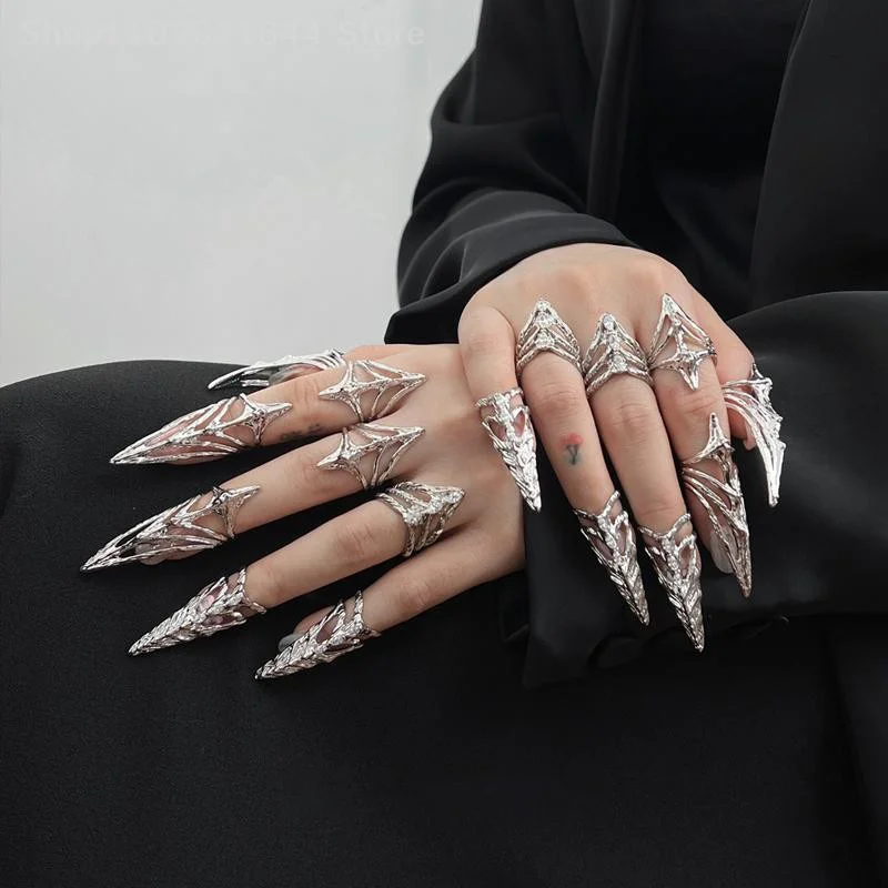 Punk Fashion Nail Cover Bone Ring Gothic Rock Machinery Manicure Fingertip Ring Multilayer Finger Rings Cosplay Jewelry Gifts