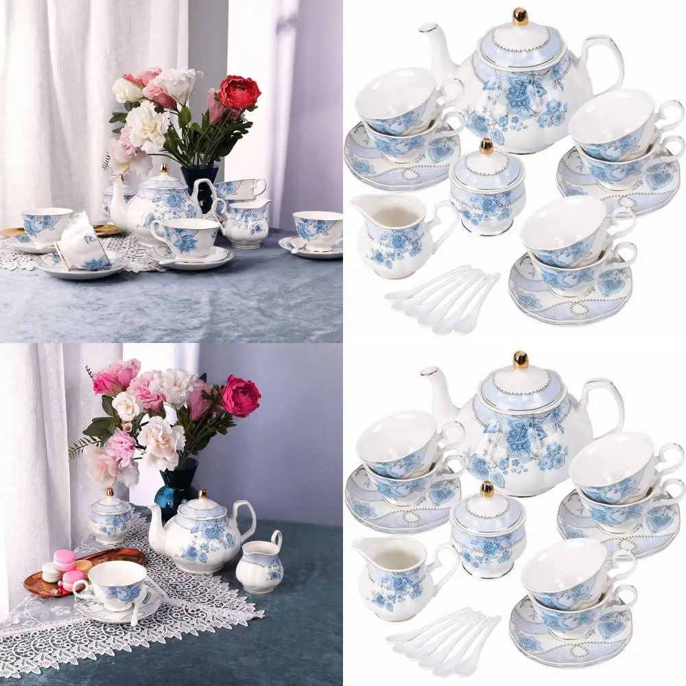 

Синий фарфоровый чайный сервиз на 6 штук с цветочным дизайном, включая сахарную чашу и кувшин для крема для элегантных чайных вечеринок